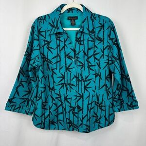 Silkland Women’s XL 100% Silk Button Up Jacket Top Turquoise Bamboo Print Beaded